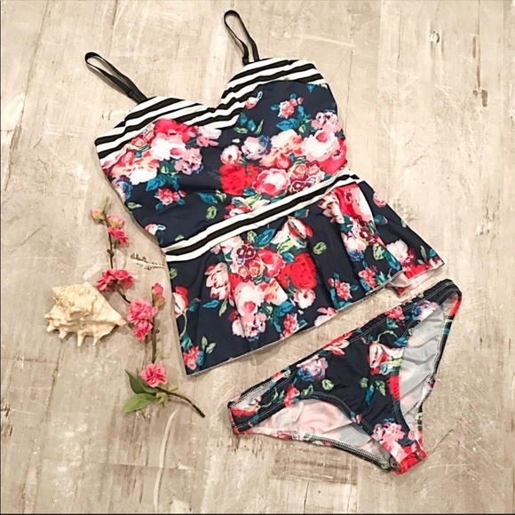 Peplum 2 Piece Swimsuit Flower Striped Tankini - Picture 5 of 8